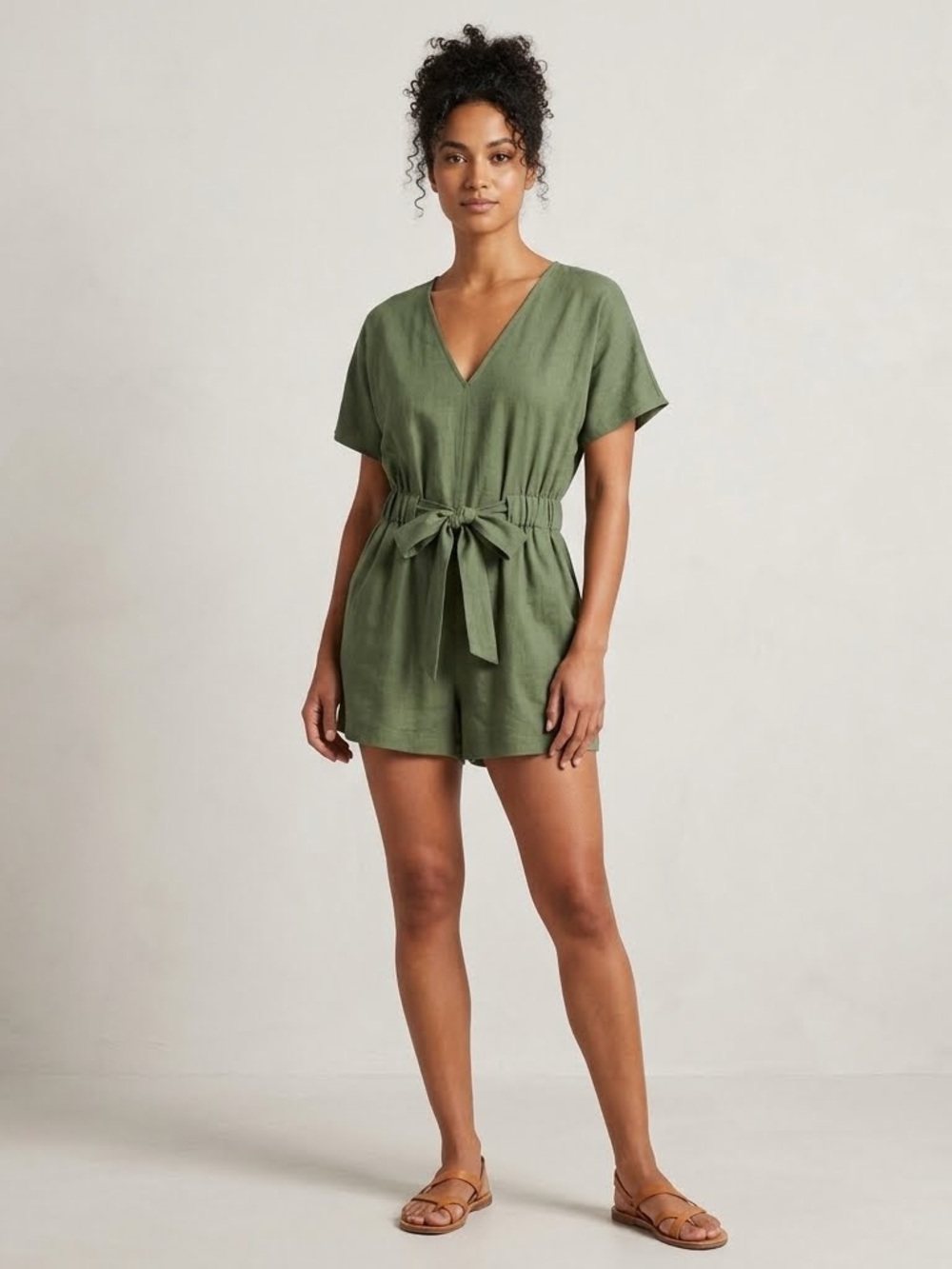 Very J Olive Green 100% Cotton V-Neck Cinched Romper Size S